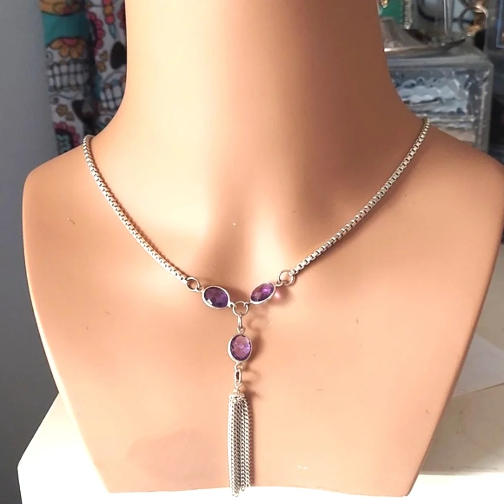 Handcrafted Sterling Silver Amethyst dangle Box Chain Necklace  New